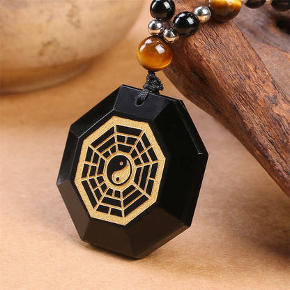 Mythstone Bagua Yin Yang Black Obsidian Purification Beaded Necklace Pendant