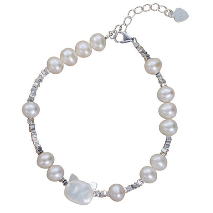 Mythstone Pearl Cat Head Tridacna Stone Silver Chain Healing Bracelet