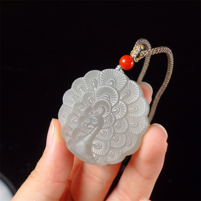 Mythstone White Jade Peacock Protection Blessing Necklace Pendant