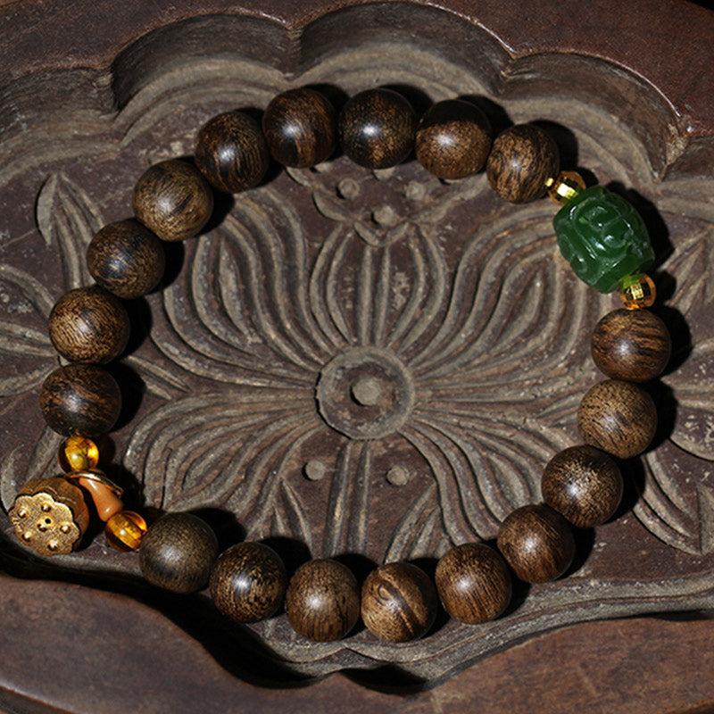 Mythstone 999 Gold Brunei Agarwood Cyan Jade Lotus Flower Peace Strength Bracelet