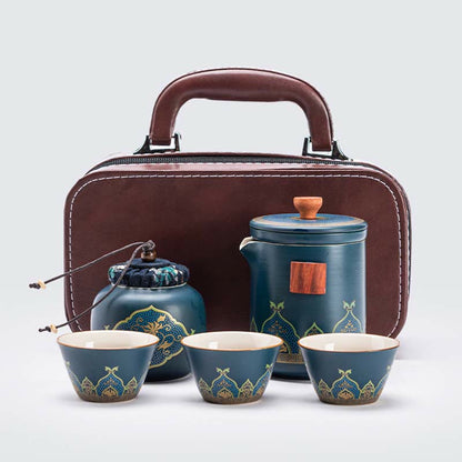 Mythstone Flower Chinese Gongfu Ceramic Teapot Portable Outdoor Travel Tea Set Bag