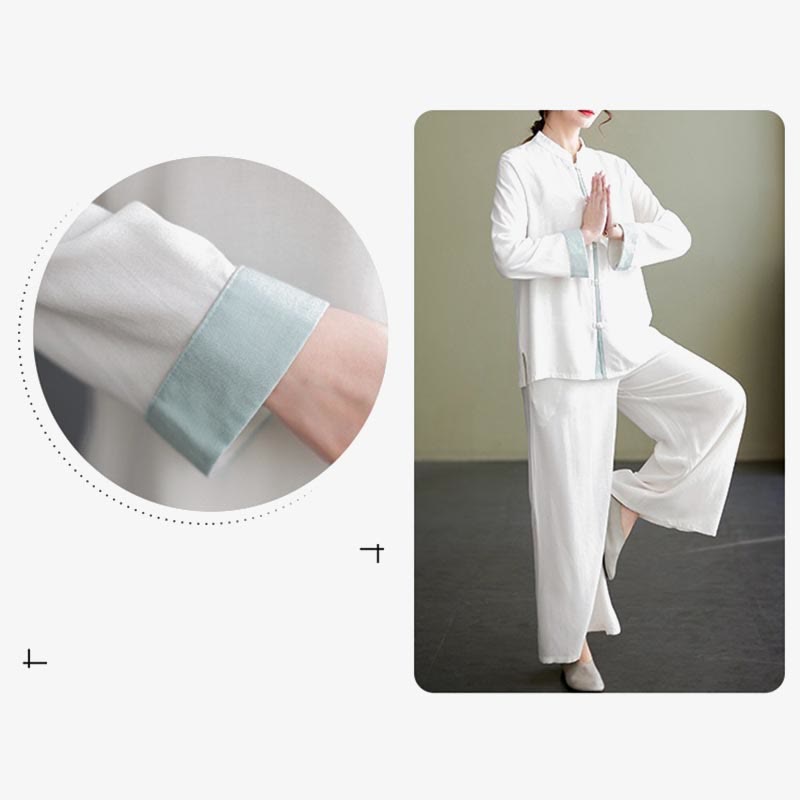 Mythstone 2Pcs Tang Suit Long Sleeve Shirt Top Pants Meditation Zen Tai Chi Cotton Linen Clothing Women's Set