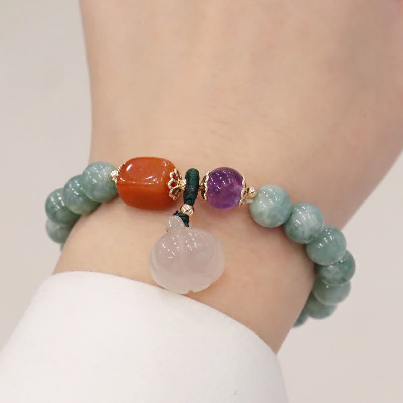 Pulsera curativa de cristal de amatista con hebilla de paz y loto de jade cian y calabaza Mythstone