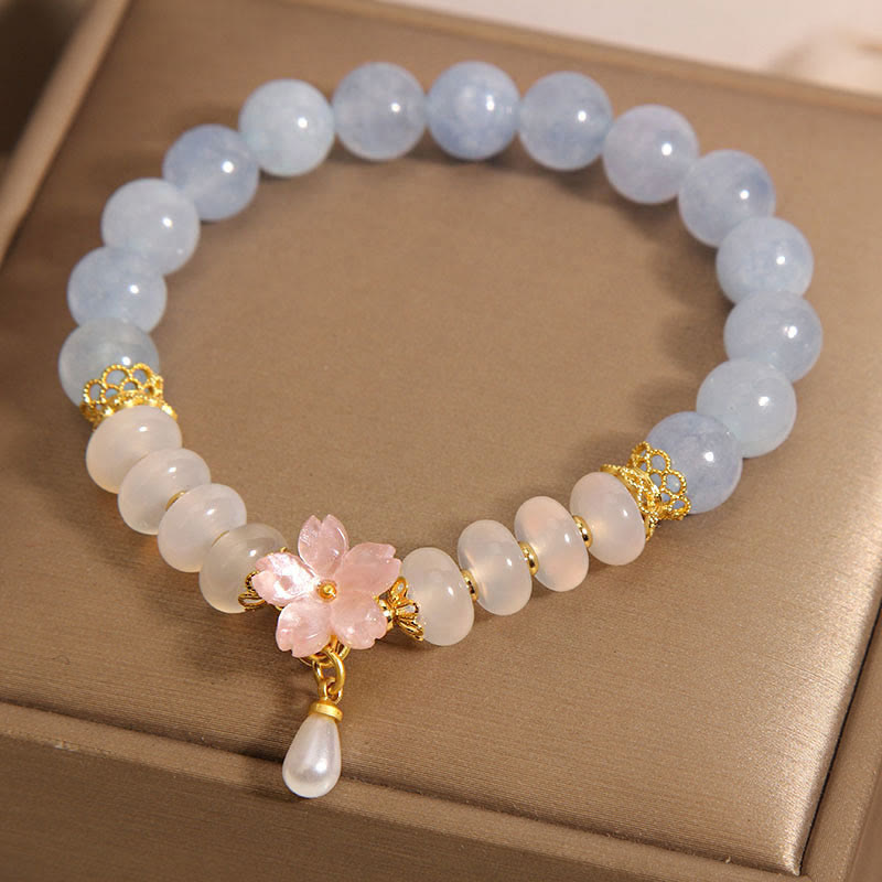 Mythstone Aquamarine White Agate Pearl Abacus Beads Flower Healing Bracelet