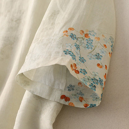 Mythstone Blue Flowers Orange Leaves Frog-Button Three Quarter Sleeve Cotton Linen Shirt