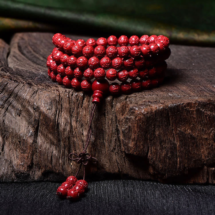 Mythstone 108 Mala Beads Cinnabar Om Mani Padme Hum Pattern Engraved Blessing Bracelet