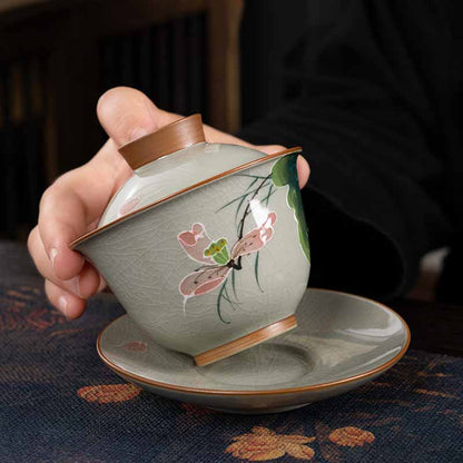 Mythstone Lotus Koi Fish Pod Leaf Ceramic Gaiwan Sancai Teacup Kung Fu Tea Cup And Saucer With Lid 140ml