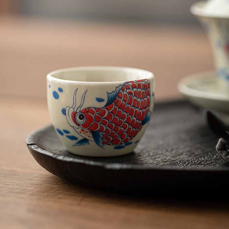 Mythstone Koi Fish Arowana Peony Sunflower Ceramic Teacup Kung Fu Tea Cup 60ml