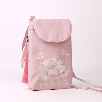 Mythstone Small Embroidered Flowers Crossbody Bag Shoulder Bag Double Layer Cellphone Bag