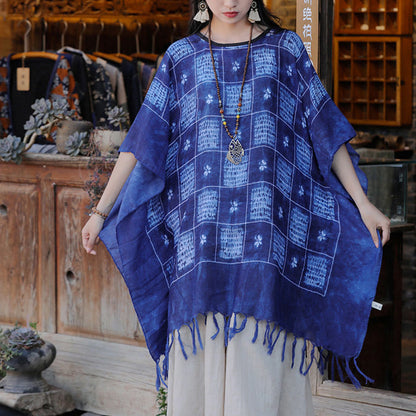 Mythstone Blue Color Block Plaid Shawl Tassels Soft Pullover 90*95cm