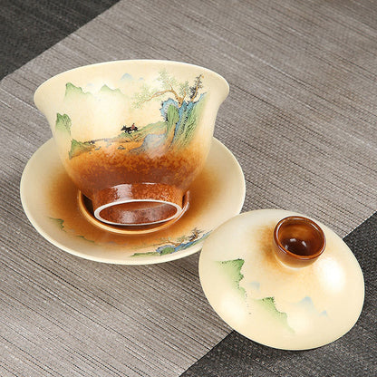 Mythstone Mountain Landscape Countryside Ceramic Gaiwan Sancai Teacup Kung Fu Tea Cup And Saucer With Lid