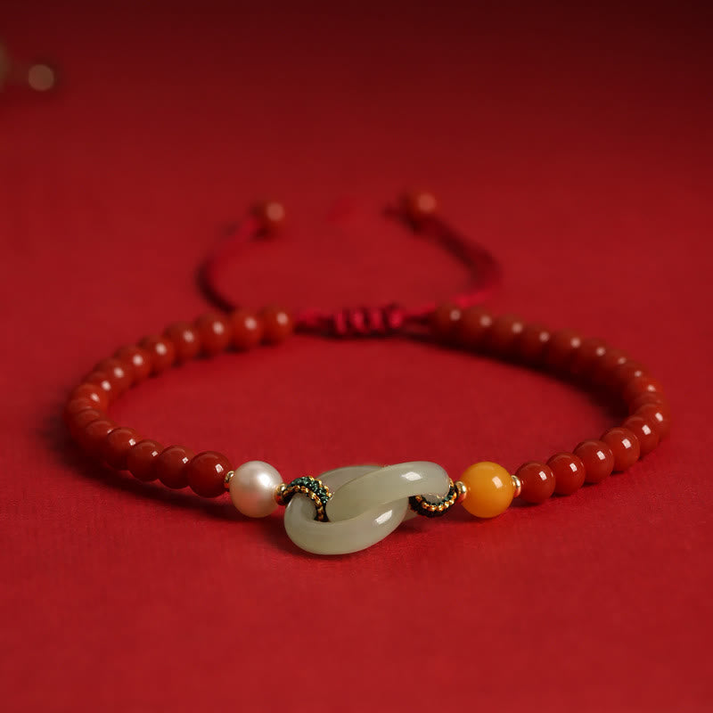 Mythstone Natural Red Agate Hetian Jade Double Peace Buckle Confidence Bracelet