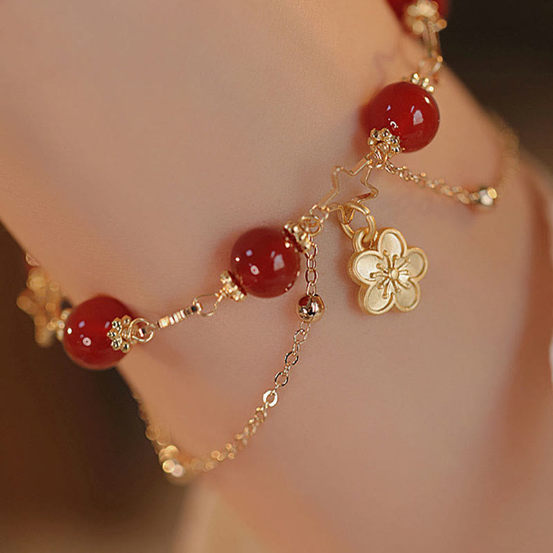 MythStone 14k Gold Plated Red Agate Star Flower Charm Calm Bracelet