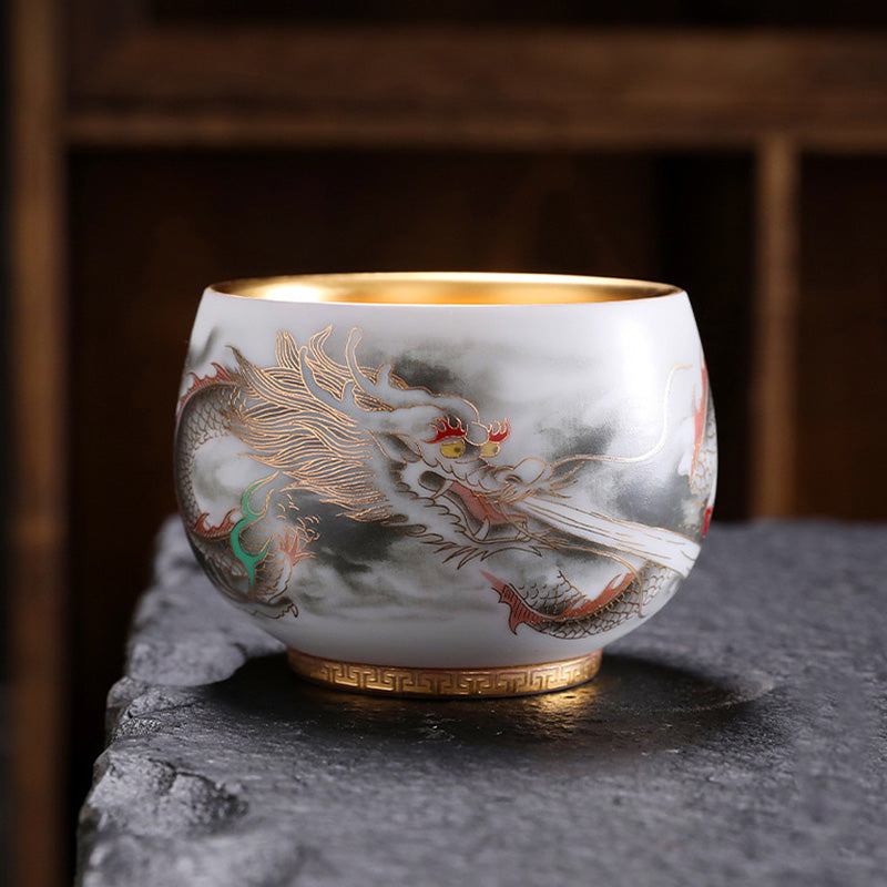 Mythstone Dragon Gilt Gourd Ceramic White Porcelain Teacup Kung Fu Tea Cup 160ml