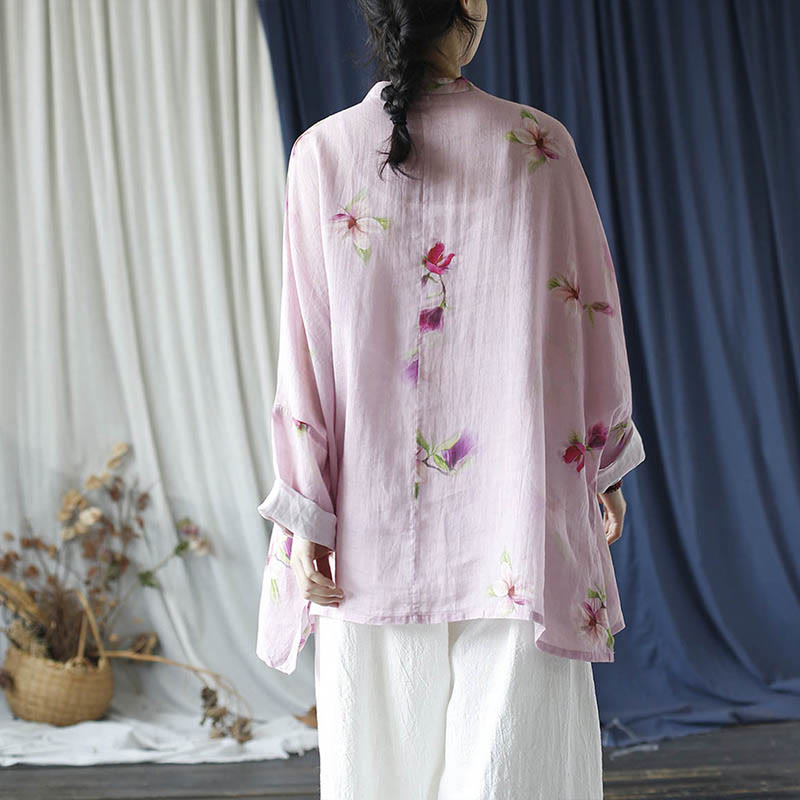 Mythstone Pink Flower Print Frog-button Design Batwing Long Sleeve Ramie Linen Jacket Shirt