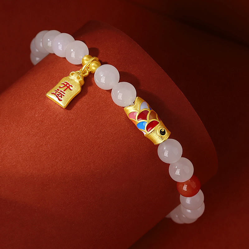 Pulsera de plata de ley 925 con diseño de pez koi, jade blanco hetiano, ágata roja y suerte