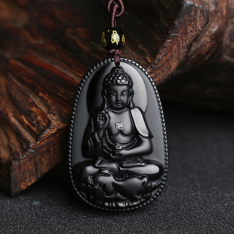 Colgante de obsidiana negra natural con diseño de Buda natal del zodíaco chino Mythstone