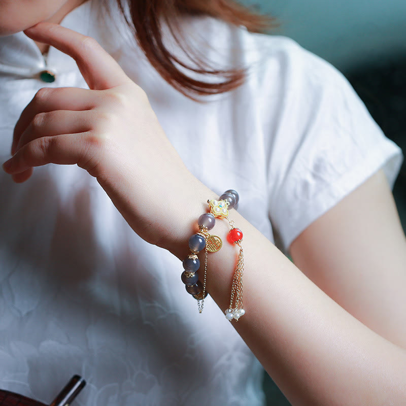 Mythstone Natural Gray Agate Fu Character Pearl Tassel Balance Bracelet