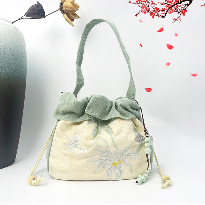 Bolso bandolera de lino y algodón con bordado de loto y magnolia de Mythstone Suzhou