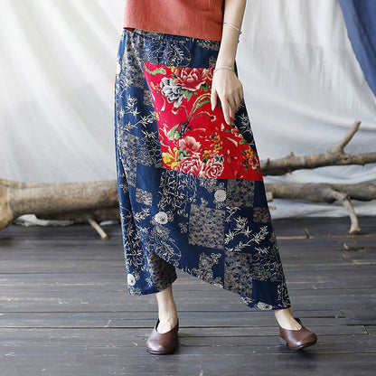 Pantalones harén de lino y algodón con bolsillos, diseño de peonías rojas, bambú azul y crisantemo, patchwork 