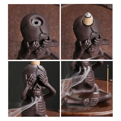 Quemador de incienso de arcilla morada con forma de calavera fantasma de Mythstone, fuente de humo con reflujo, decoración de la paz