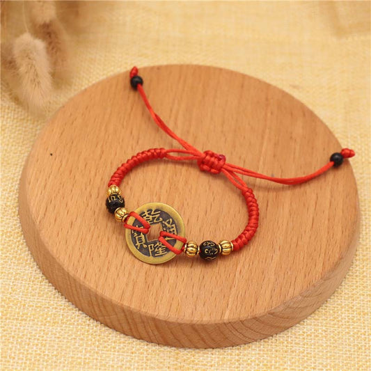 Mythstone Copper Coin Fortune Red String Weave Bracelet