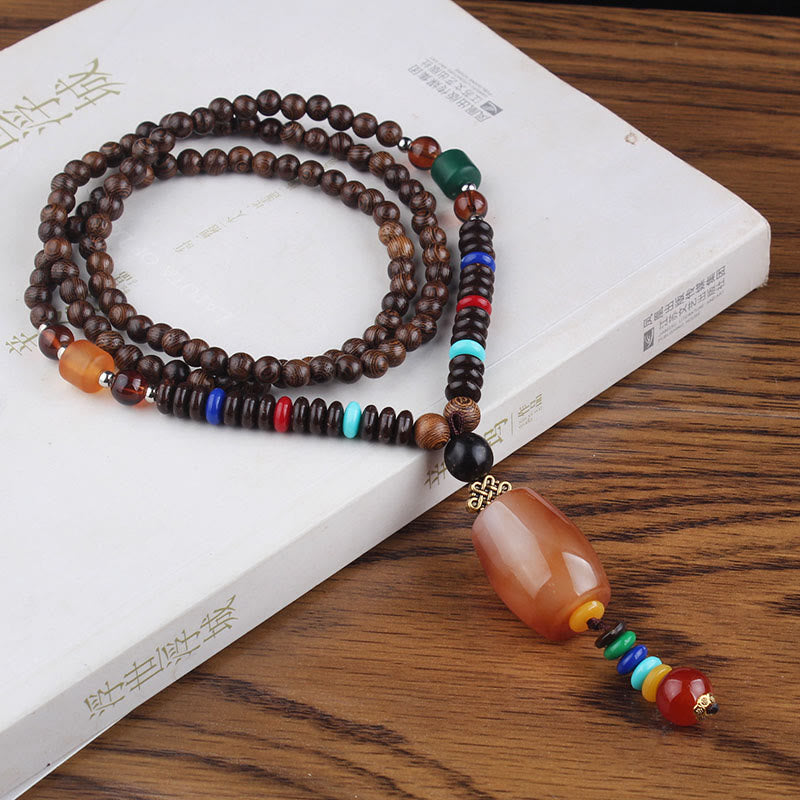 Mythstone Tibetan Wenge Wood Bodhi Seed Agate Balance Peace Necklace Pendant