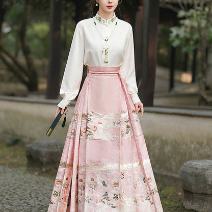 Mythstone Chinese Hanfu Pink Peach Garden Printed Horse Face Skirt Mamianqun