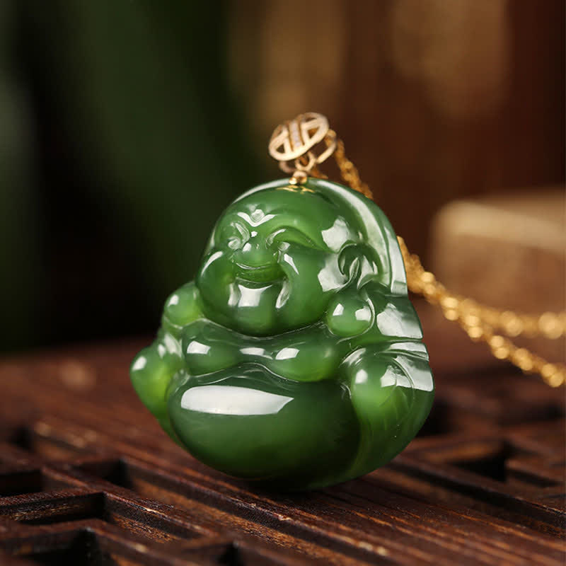 Mythstone 925 Sterling Silver Laughing Buddha Hetian Cyan Jade 18K Gold Success Necklace Chain Pendant