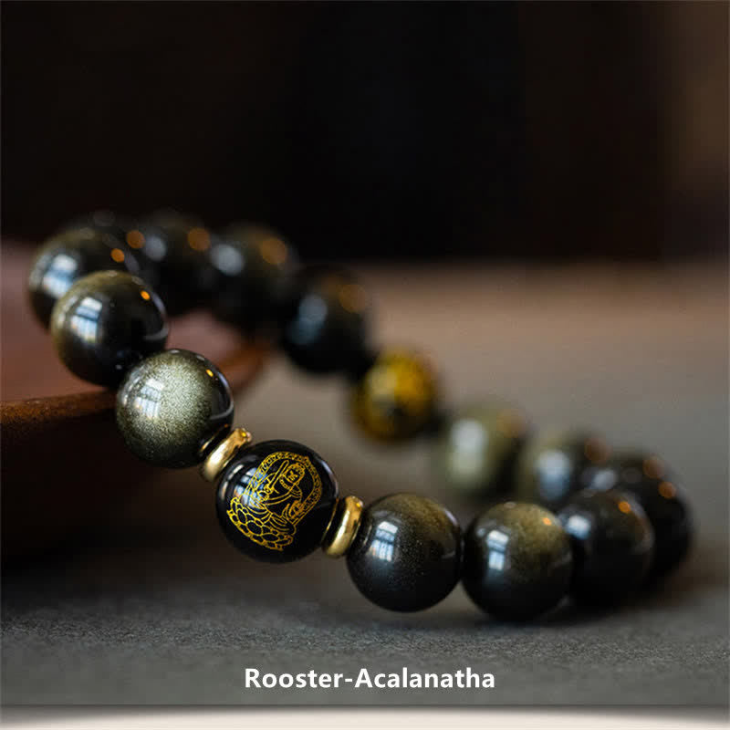 Mythstone Chinese Zodiac Natal Buddha Gold Sheen Obsidian Wealth Protection Bracelet