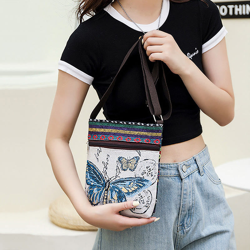 Mythstone Elephant Butterfly Embroidered Canvas Tote Bag Shoulder Bag Crossbody Bag