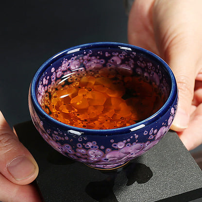 Mythstone Colorful Iris Flowers Chinese Jianzhan Kiln Change Porcelain Teacup Tenmoku Kung Fu Tea Cup