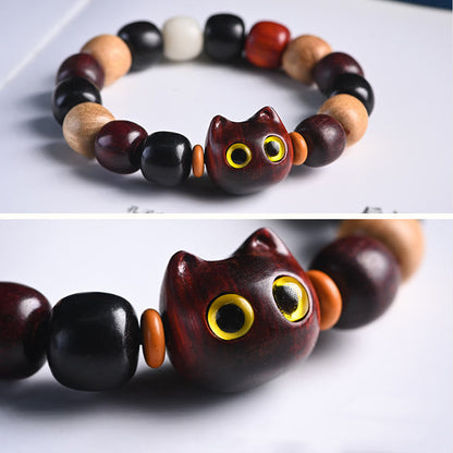 Mythstone Small Leaf Red Sandalwood Ebony Wood Cute Cat Engraved Protection Bracelet