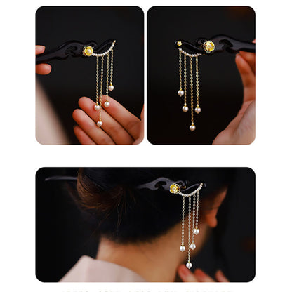 Mythstone Ebony Wood Yellow Flower Pearl Tassels Hairpin