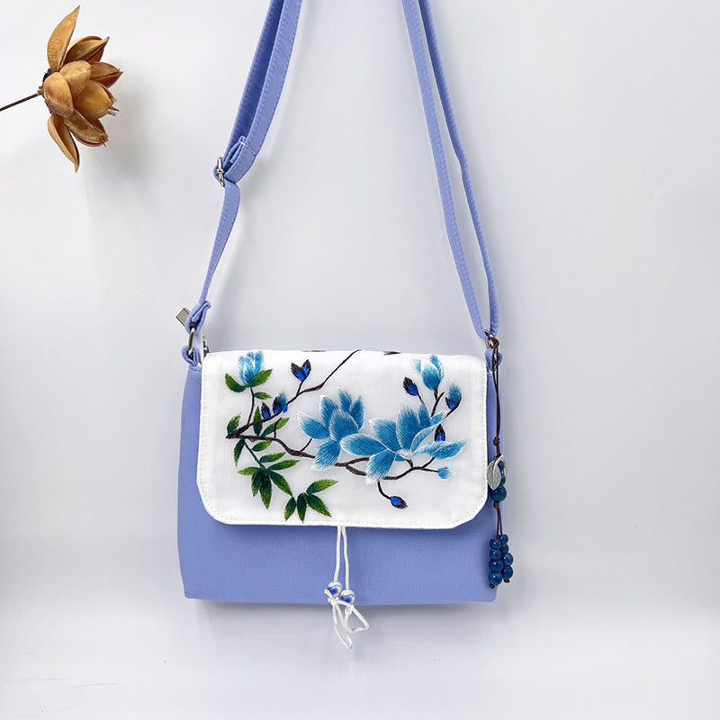 Bolso bandolera con bordado de camelia, epifilo, gardenia y flores de cerezo de Mythstone, bolso de hombro, bolso para teléfono móvil