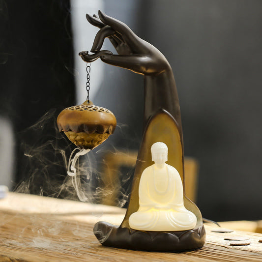 Mythstone Led Buddha Hand Backflow Smoke Fountain Healing Ceramic Stick Incense Burner Decoration