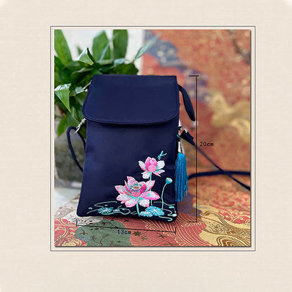 Mythstone Waterproof Handmade Embroidered Lotus Flowers Crossbody Bag Shoulder Bag Cellphone Bag