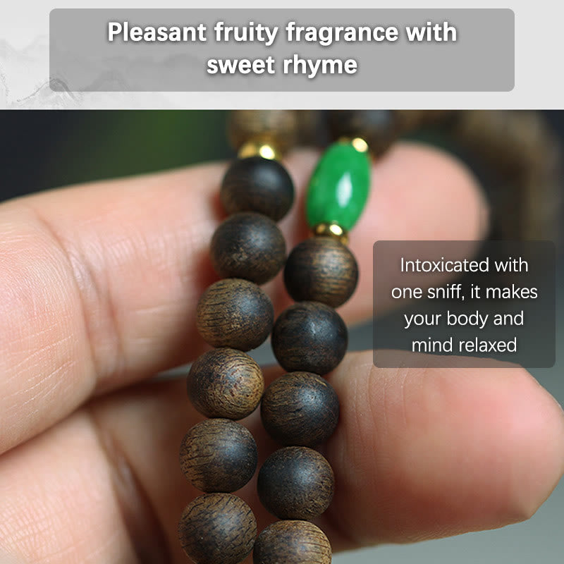 Mythstone 108 Mala Beads Nha Trang Bai Qinan Agarwood Cyan Jade Amber Strength Meditation Bracelet