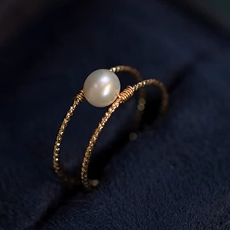 Mythstone Round Jade Pearl Bead Double Layer Copper Luck Adjustable Ring