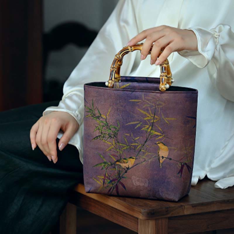 Mythstone Purple Magpie Birds Branches Bamboo Handles Handbag