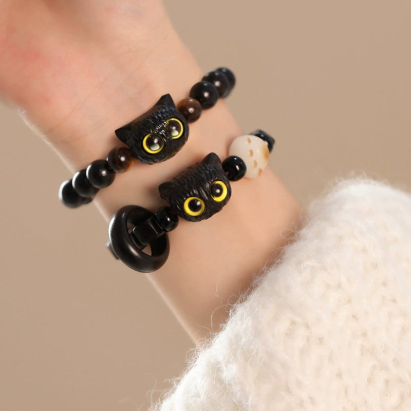 Mythstone Cute Ebony Wood Cat Head Pattern Peace Bracelet