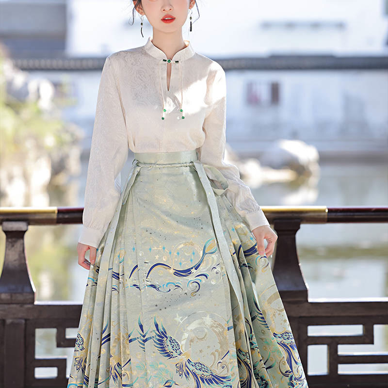 Mythstone Green Phoenix Printed Chinese Hanfu Horse Face Skirt Mamianqun