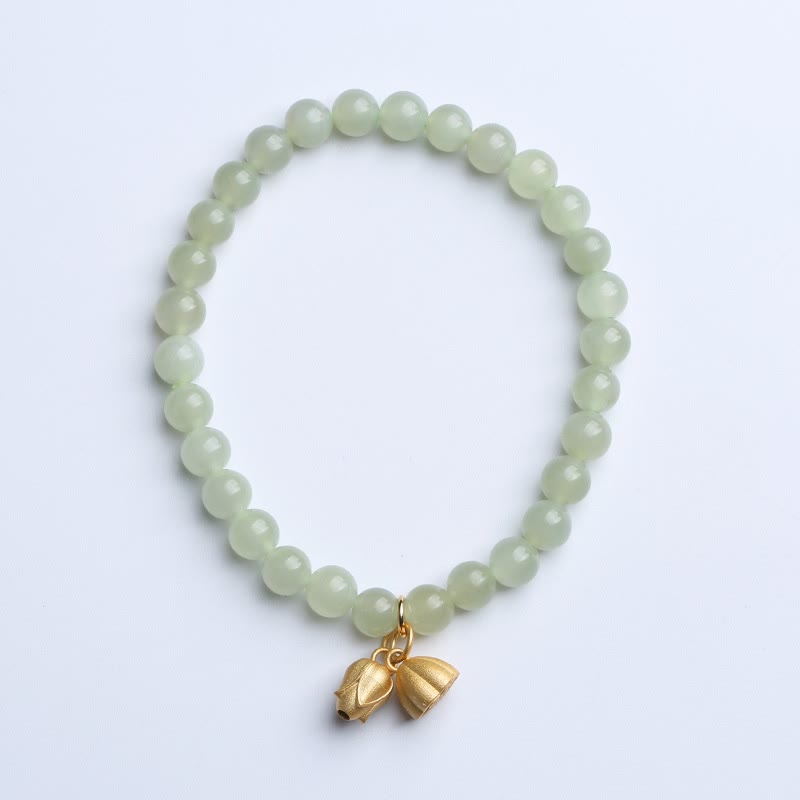 Mythstone 925 Sterling Silver Plated Gold Natural Hetian Jade Bead Gourd Lotus Bamboo Fu Character Luck Bracelet