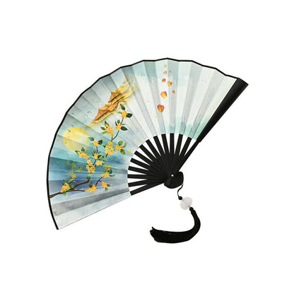 Mythstone Vintage Phoenix Nine-Tailed Fox Flower Bamboo Tiger Handheld Folding Fan Lotus Tassel Fan