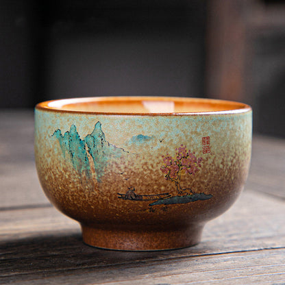 Mythstone Colorful Deer Pipa Snow Plum Blossoms Mountains Rivers Bird Ceramic Teacup Kung Fu Tea Cup Bowl