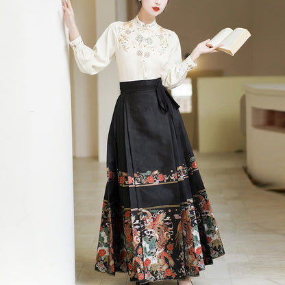 Mythstone Long Sleeve Shirt Embroidery Top Chinese Hanfu Phoenix Horse Face Skirt Mamianqun