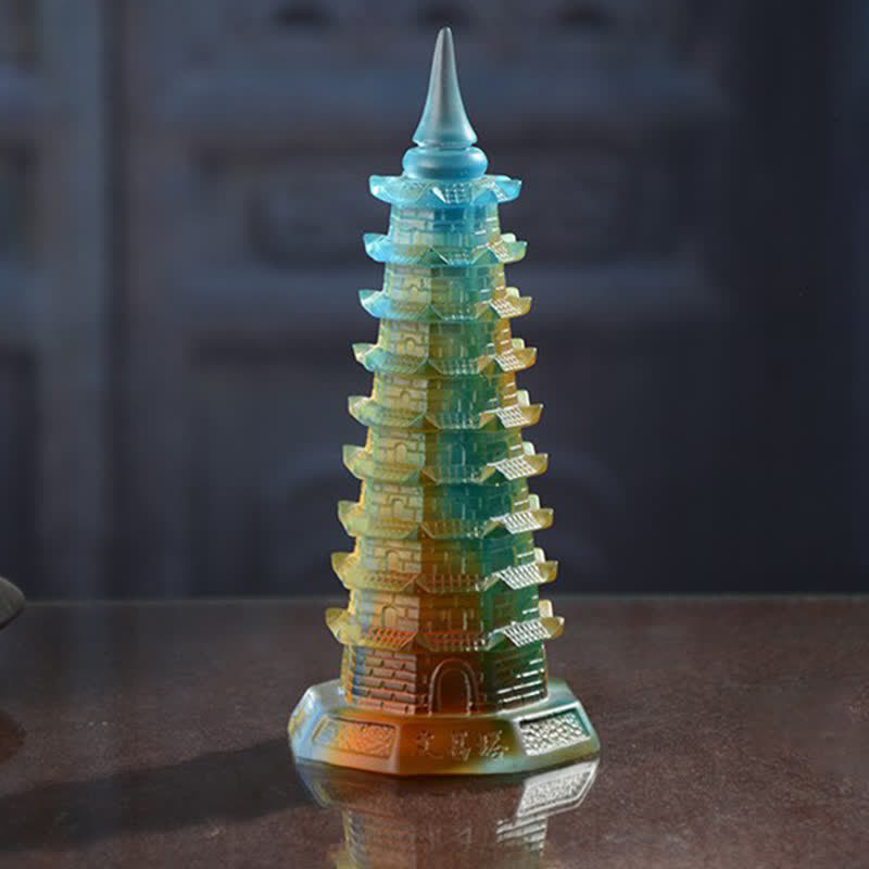 Mythstone Feng Shui Wenchang Tower Handmade Liuli Crystal Pagoda Art Piece Luck Home Office Decoration