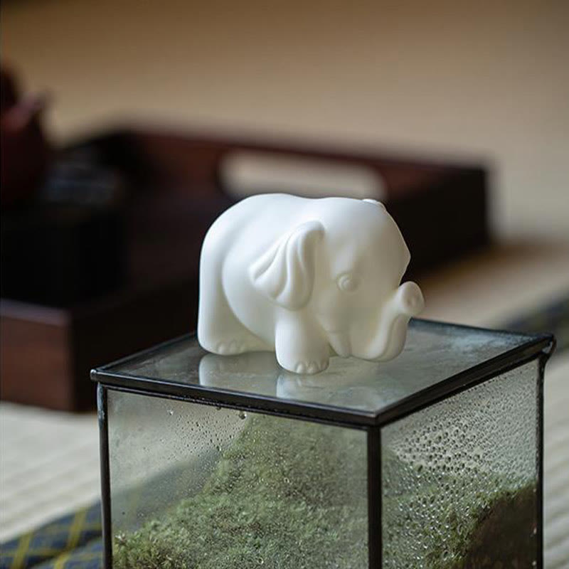 Mythstone Small Elephant Statue White Porcelain Ceramic Strength Home Desk Decoration