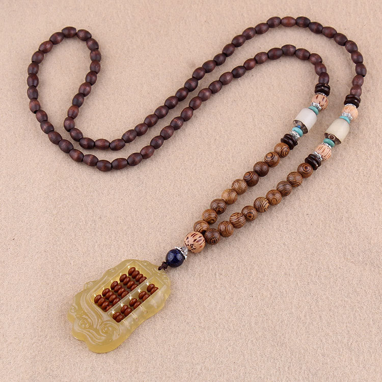 Mythstone Tibetan Wenge Wood Bodhi Seed Agate Balance Peace Necklace Pendant