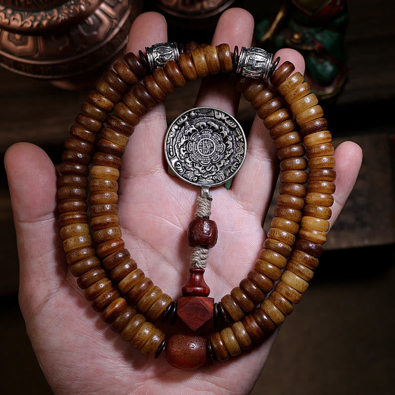 Pulsera de equilibrio con 108 cuentas de Mala tibetano de hueso de yak, PiXiu, Dzi, nueve palacios y ocho diagramas 